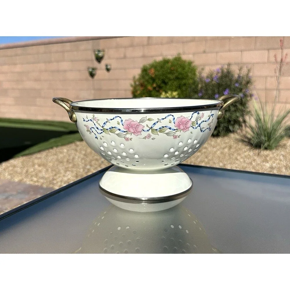 Vintage Enamel Pedestal Colander Strainer Brass Handles Pink Roses Blue Ribbon